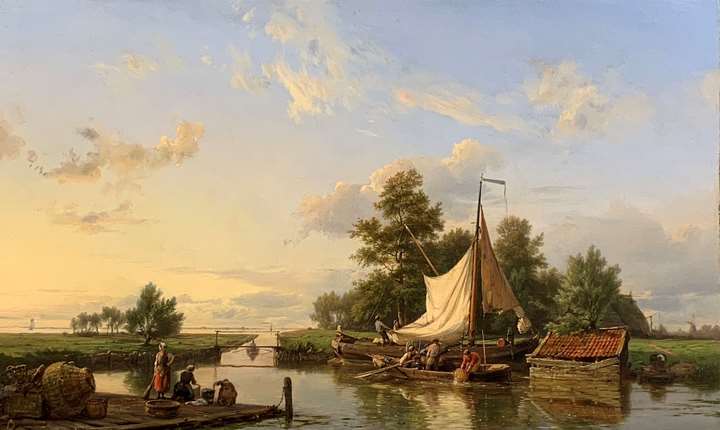 Summer canal scene with figures by a boat